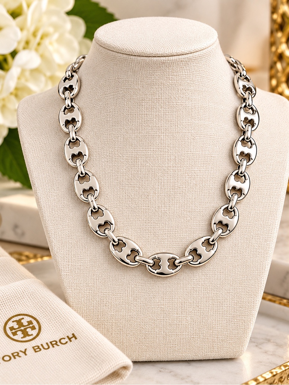 Tory Burch Polished Silver Link Logo Chain Necklace